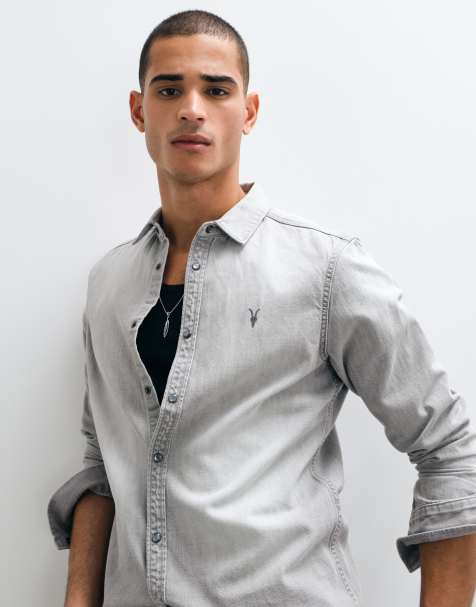 AllSaints Gleason long sleeve denim shirt in light wash grey - view 1