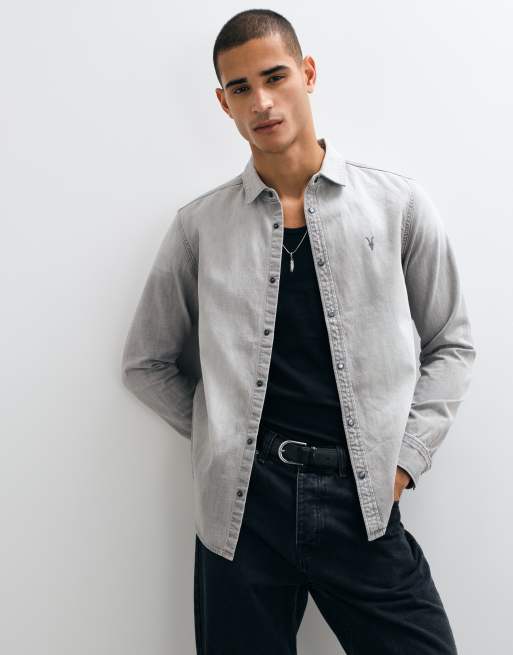 AllSaints Gleason long sleeve denim shirt in light wash grey, 2 of 9