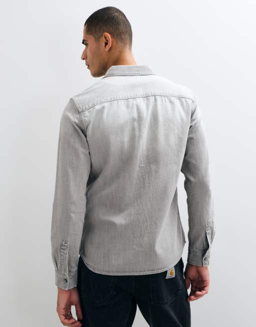 AllSaints Gleason long sleeve denim shirt in light wash grey, 3 of 9