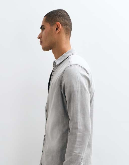 AllSaints Gleason long sleeve denim shirt in light wash grey, 5 of 9