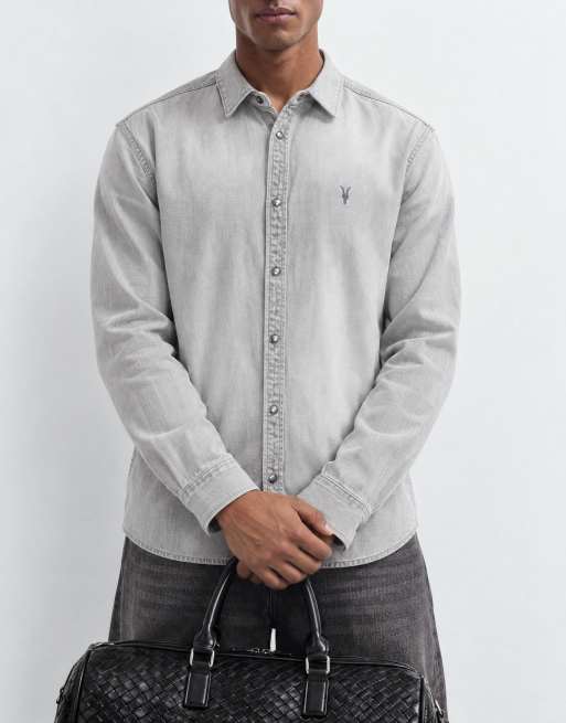 AllSaints Gleason long sleeve denim shirt in light wash grey, 6 of 9