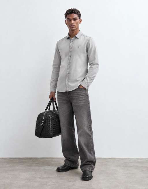 AllSaints Gleason long sleeve denim shirt in light wash grey, 7 of 9