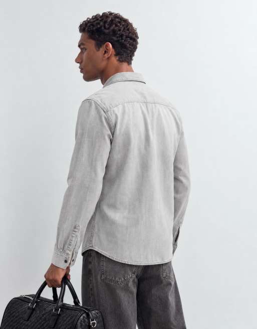AllSaints Gleason long sleeve denim shirt in light wash grey, 8 of 9