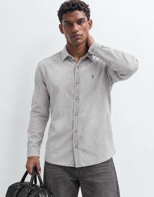 AllSaints Gleason long sleeve denim shirt in light wash grey, 9 of 9