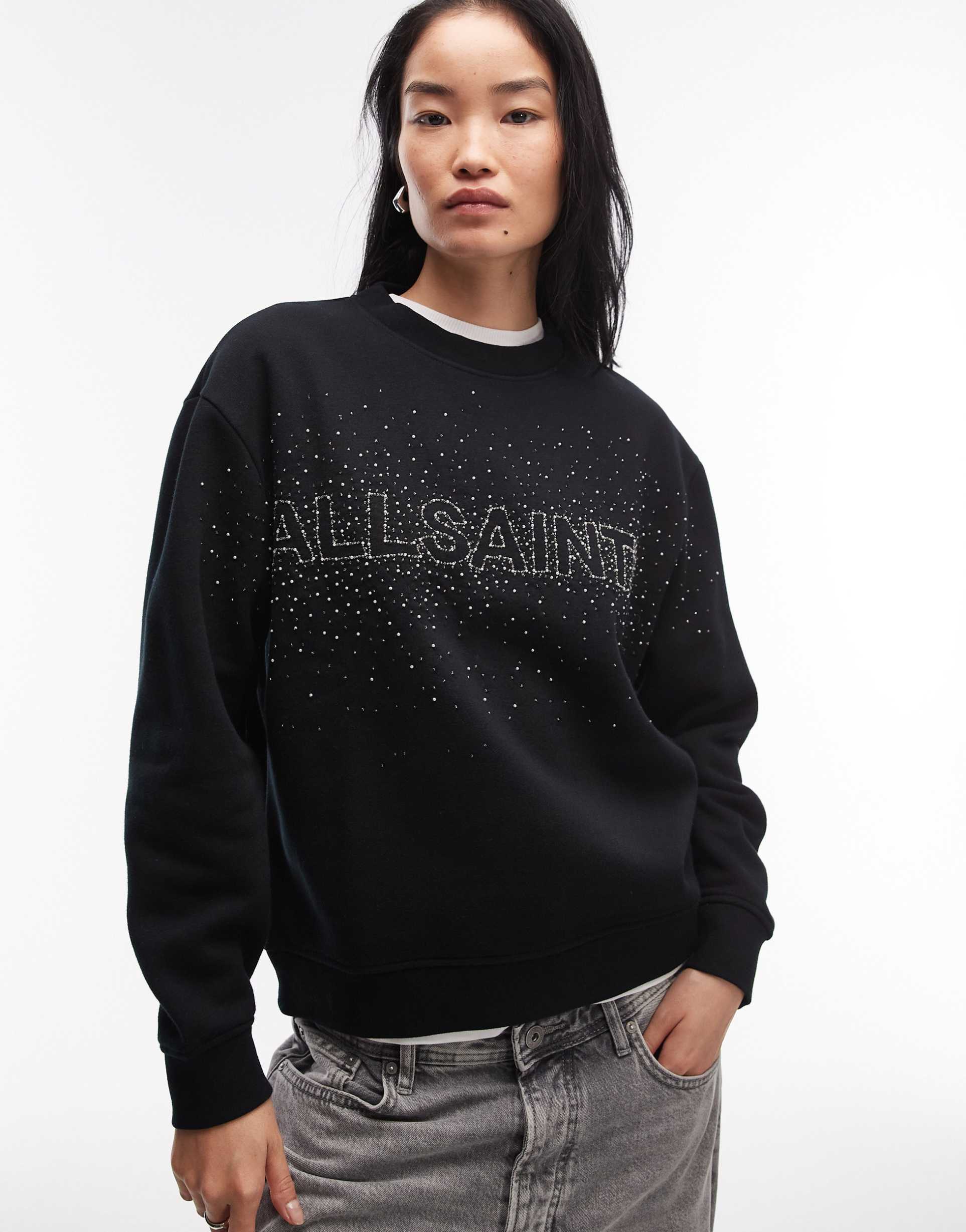 allsaints glittery embellished etta sweatshirt in black