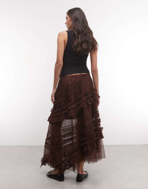 AllSaints gonna midi Jen in tulle con volant marrone, 2 di 5