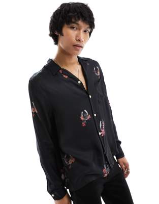 AllSaints Goodluck long sleeve print shirt in black | ASOS