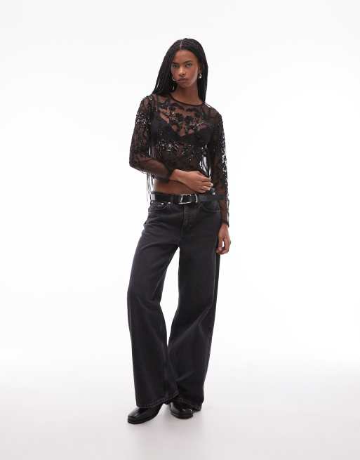 Allsaints Greta embellished mesh long sleeve top in black, 3 of 4