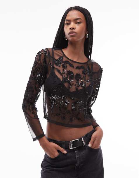 AllSaints Greta embellished mesh top in black - view 1