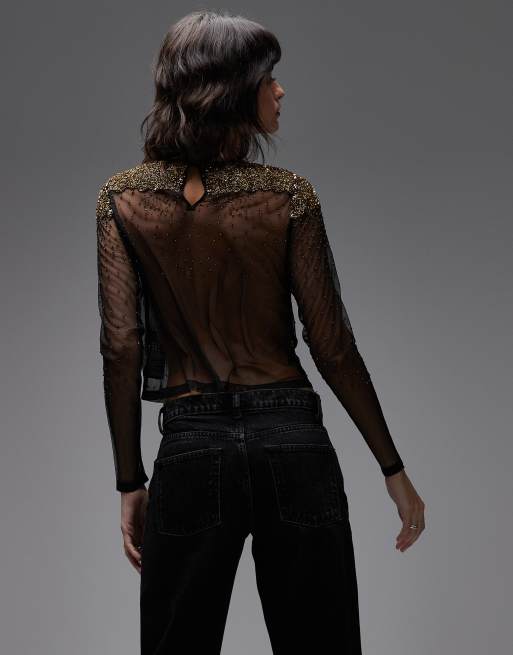 AllSaints - Greta - Top met kraaltjes in zwart en goud, 4 van 4