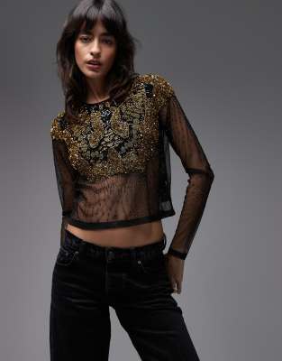 AllSaints - Greta - Verziertes Oberteil in Schwarz und Gold-Goldfarben