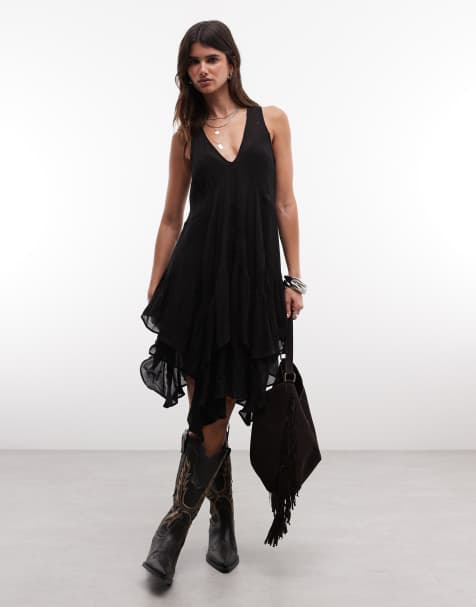 AllSaints Gretal midi-jurk met V-hals en ruches in zwart - view 1
