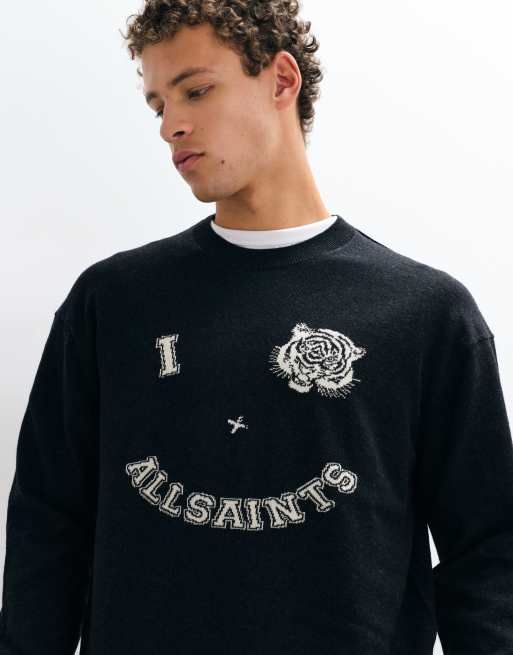 AllSaints Grinner graphic logo merino wool knit jumper in black, 2 of 5