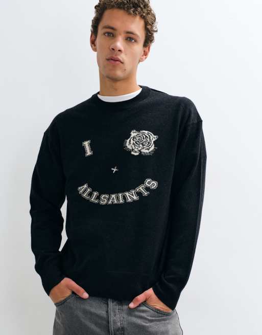 AllSaints Grinner graphic logo merino wool knit jumper in black, 3 of 5