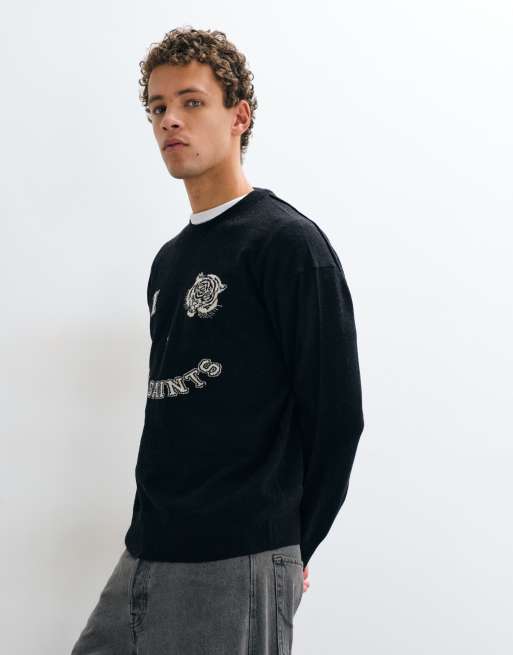 AllSaints Grinner graphic logo merino wool knit jumper in black, 5 of 5