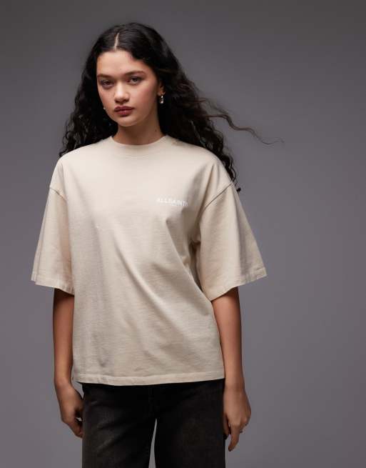 AllSaints Guardian Amelie graphic logo t-shirt with back print in beige, 3 of 4