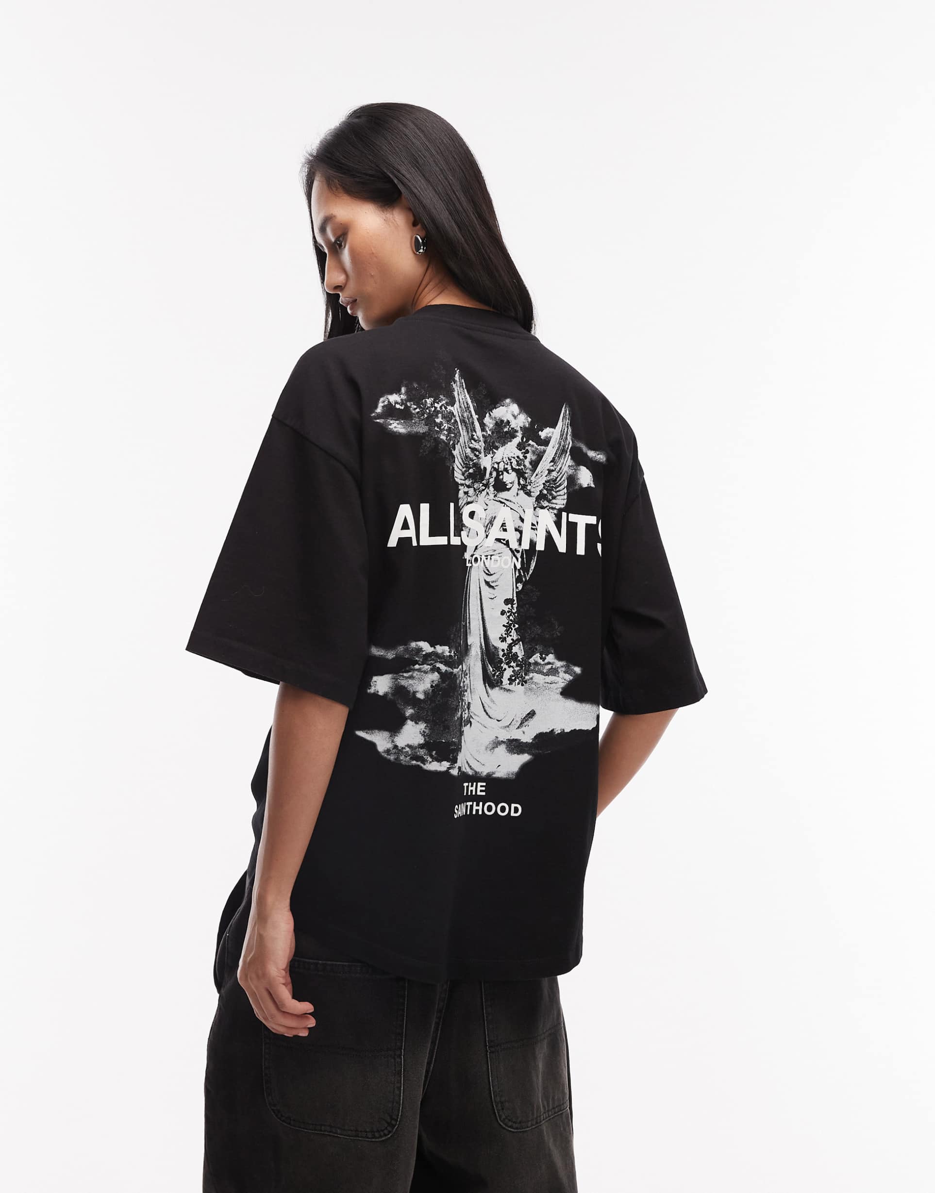 allsaints guardian amelie short sleeve graphic logo t-shirt with back print in black