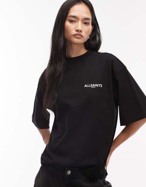 AllSaints Guardian Amelie short sleeve graphic logo t-shirt with back print in black, 2 of 4