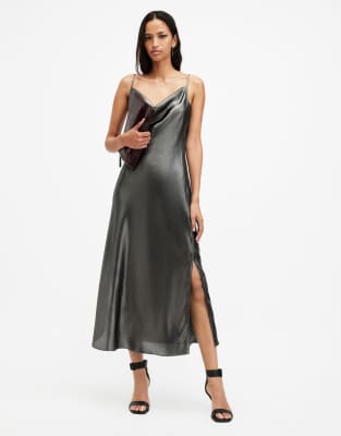 AllSaints Hadley maxi dress in metallic grey