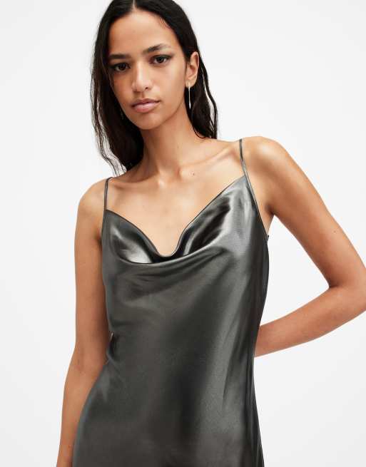 allsaints hadley metallic dress Hadley Metallic Midi Slip Dress DEEP GREEN