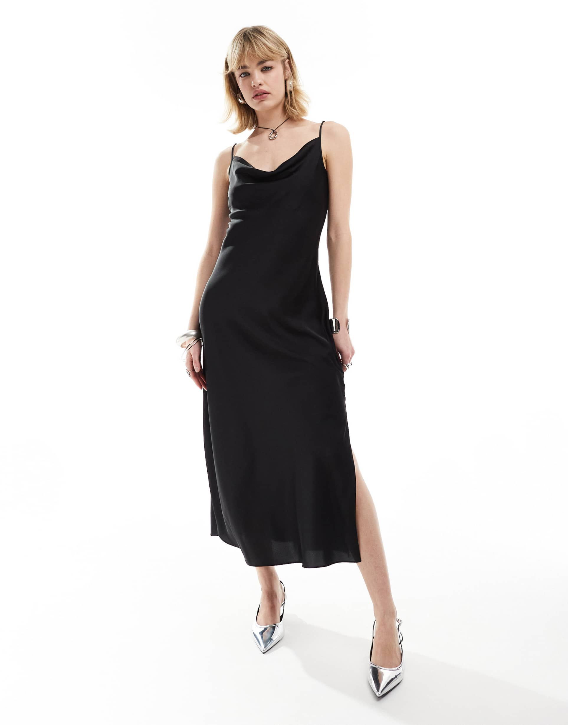 allsaints hadley satin midi slip dress in black