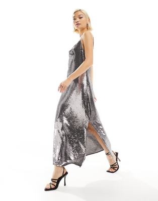 AllSaints Hadley sequin maxi dress in gunmetal grey