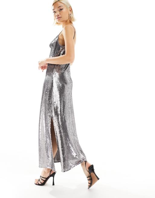 all saints silver sequin dress Vintage Y2K All Saints Sequin One-Shoulder Mini Dress XXS