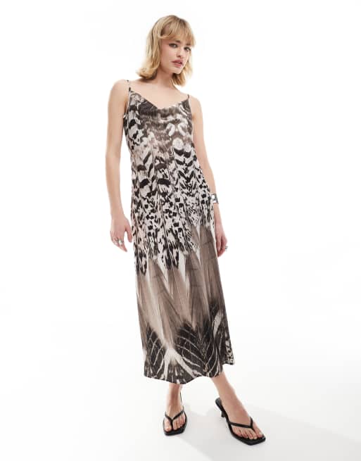 AllSaints - Hadley Sierra - Slip-midikjole med sort/hvidt print i satin