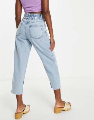 AllSaints Hailey elastic waist band boyfriend jeans with rips in light wash