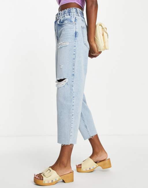 AllSaints Hailey elastic waist band boyfriend jeans with rips in light wash