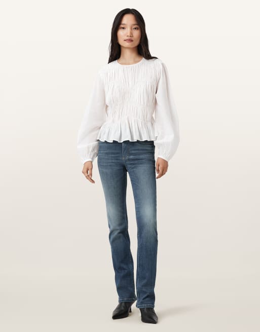 AllSaints – Haldan – Schmal geschnittene Bootcut-Jeans in Indigoblau