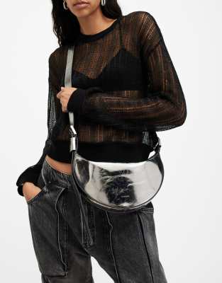 AllSaints half moon crossbody bag in gunmetal grey