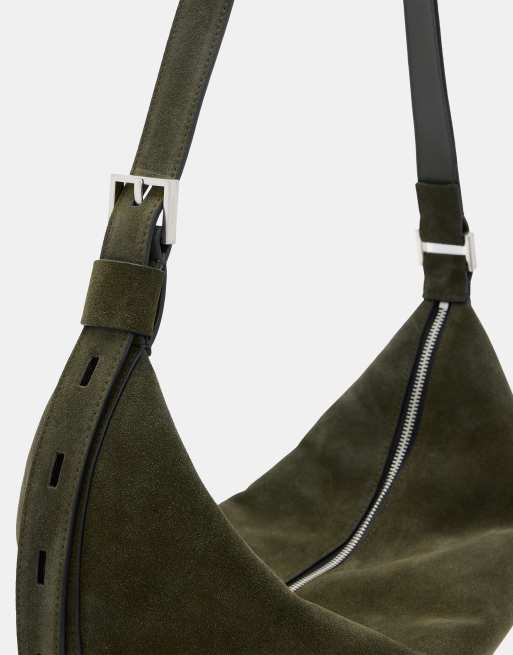 AllSaints – Half Moon – Kakifärgad, stor axelremsväska i mocka med halvmåneformad design, 3 av 4