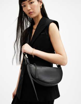 Allsaints Half Moon Leather Crossbody Bag In Black