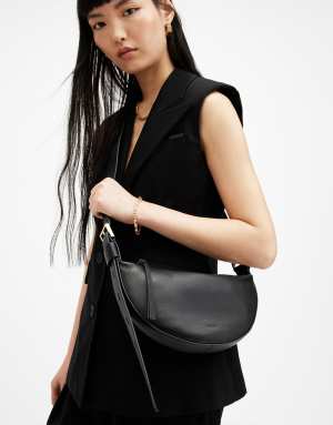 AllSaints Half Moon leather crossbody bag in black