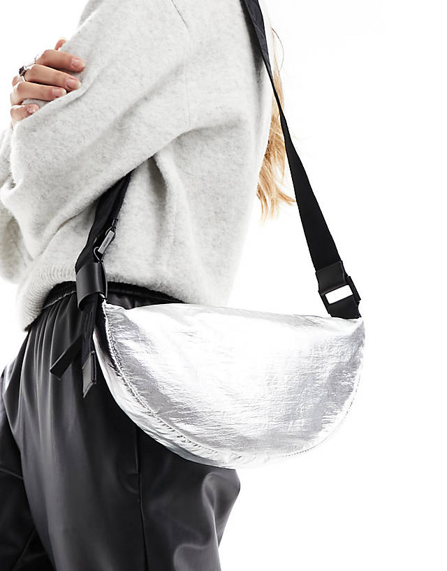 AllSaints - half moon nylon crossbody bag in silver
