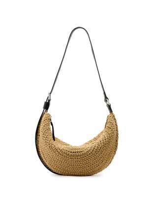 AllSaints half moon straw textured shoulder bag in natural brown