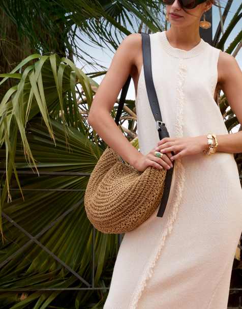 AllSaints half moon straw textured shoulder bag in natural brown - view 1
