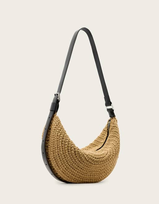 AllSaints half moon straw textured shoulder bag in natural brown