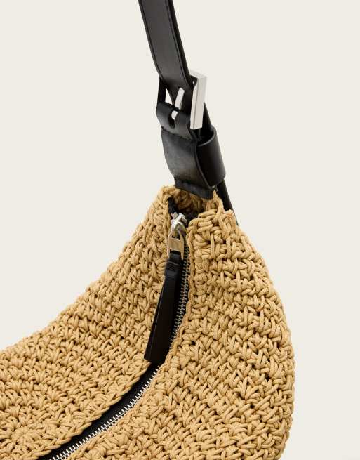AllSaints half moon straw textured shoulder bag in natural brown