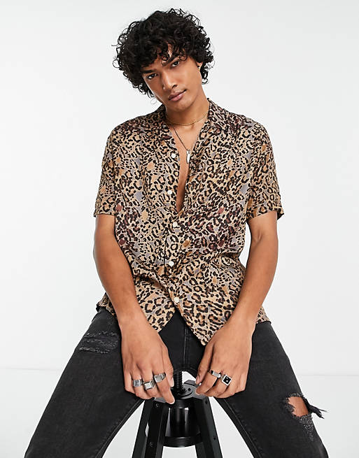 Men Allsaints halftone leopard print shirt in multi 