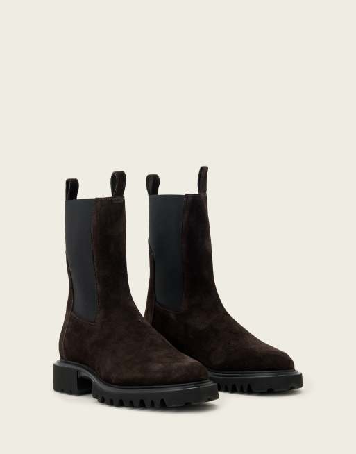 AllSaints Hallie boots i mocka och läder i mörkbrunt, 2 av 4