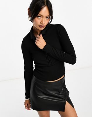 Allsaints Hallie Long Sleeve Ribbed Polo Top In Black