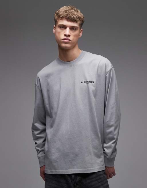 AllSaints – Hallis – Grå t-shirt med långa ärmar, grafisk logga och tryck baktill, 3 av 5