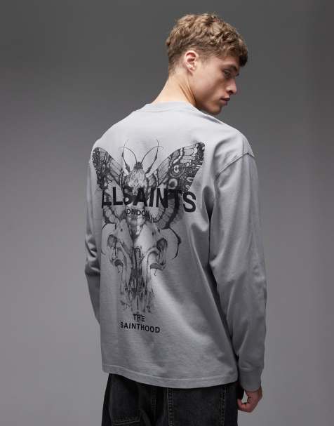 AllSaints Hallis long sleeve graphic logo t-shirt with back print in grey