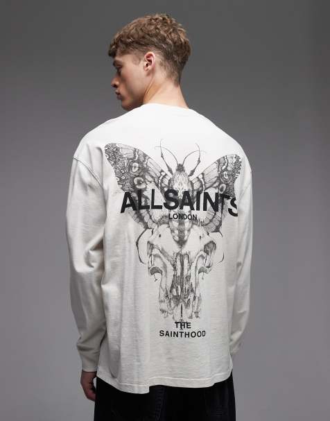 AllSaints Hallis long sleeve graphic logo t-shirt with back print in off white - view 1