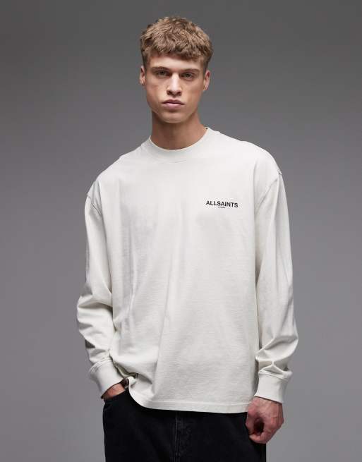 AllSaints Hallis long sleeve graphic logo t-shirt with back print in off white, 3 of 5