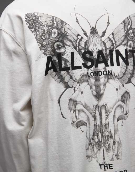 AllSaints Hallis long sleeve graphic logo t-shirt with back print in off white, 5 of 5