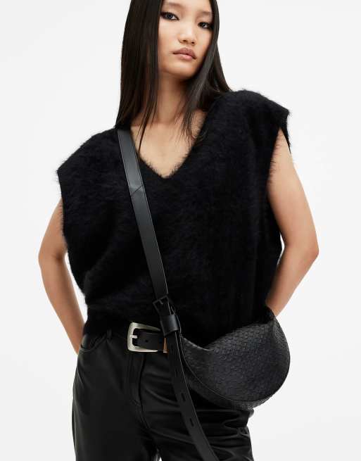 AllSaints - Halve maan crossbody tas met slangenprint in zwart