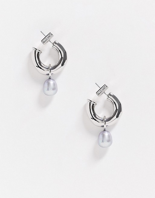 AllSaints hammered hoop pearl drop earrings in silver